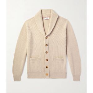 Brunello Cucinelli Men's Ribbed Shawl Trim Knit Cotton Sweater Cardigan Cream